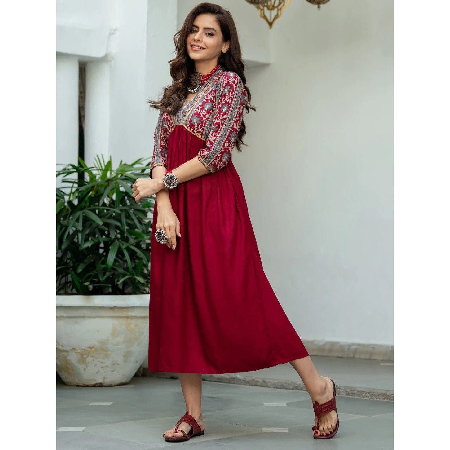 ANNI DESIGNER Women's Cotton Blend Regular Kurti (RUH-Maroon-Dress-an Large)