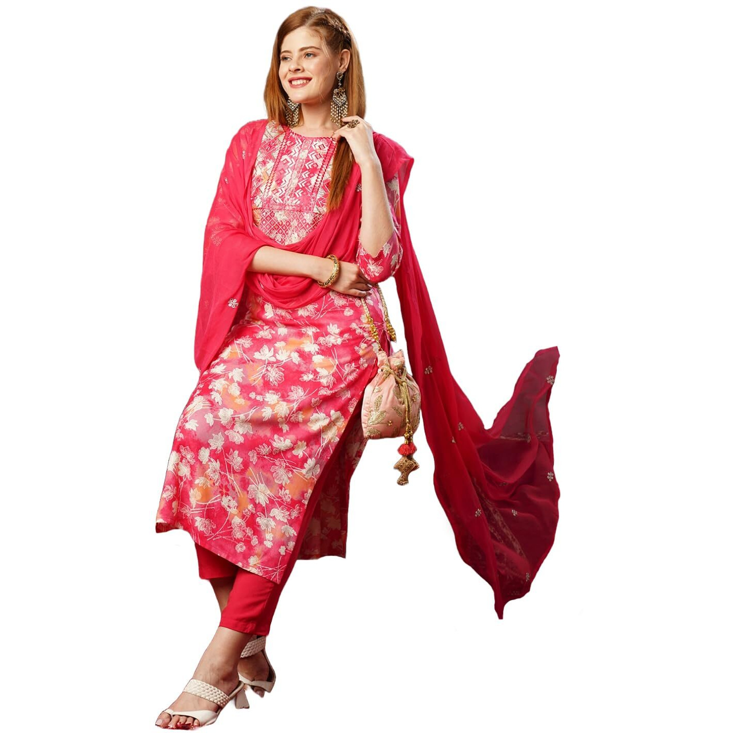 ANNI DESIGNER Women's Cotton Blend Printed Straight Kurta with Pant & Dupatta (Bhadrusha Pink_XXL_Pink_XX-Large)