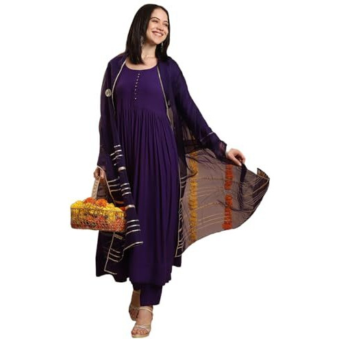 ANNI DESIGNER Women's Rayon Blend Anarkali Solid Kurta with Pant & Dupatta (JAYNTI BEGANI-VKS03_M_Begani_Medium)