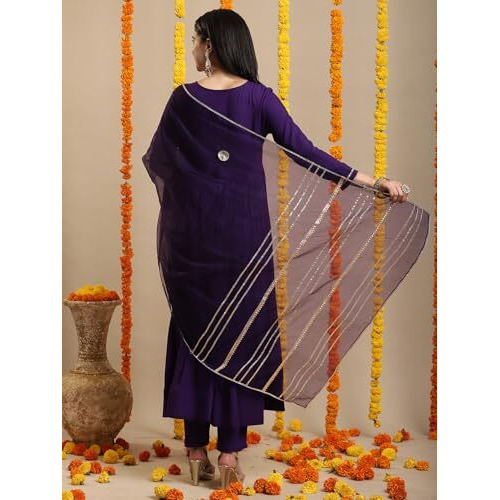 ANNI DESIGNER Women's Rayon Blend Anarkali Solid Kurta with Pant & Dupatta (JAYNTI BEGANI-VKS03_M_Begani_Medium)
