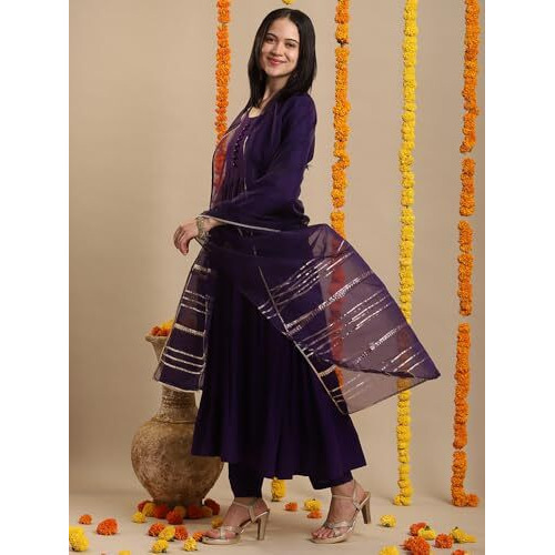 ANNI DESIGNER Women's Rayon Blend Anarkali Solid Kurta with Pant & Dupatta (JAYNTI BEGANI-VKS03_M_Begani_Medium)