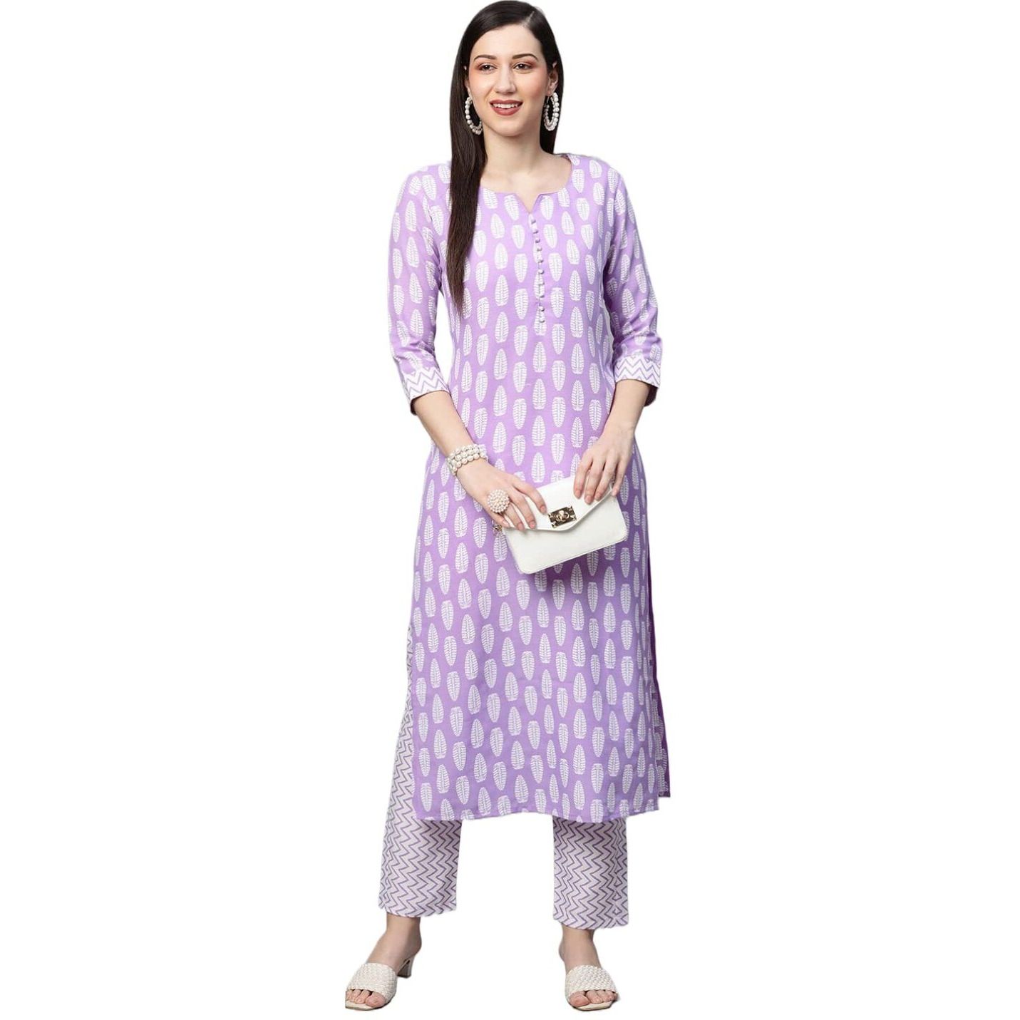 ANNI DESIGNER Women's Cotton Blend Traditional Straight Printed Kurta and Pant Set (Danapa Purple_L_Purple_Large)