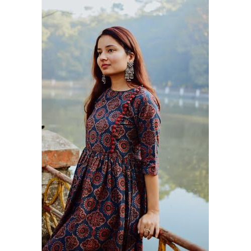 ANNI DESIGNER Women's Cotton Blend Printed Anarkali Kurta (Pond Blue-SM_XL_Blue_X-Large)