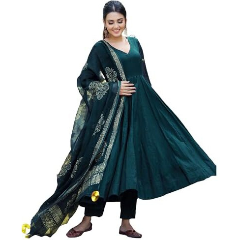 ANNI DESIGNER Women's Rayon Blend Solid Anarkali Kurta with Pant & Dupatta (Magic-KEROSIN-NW_S_Dark Blue_Small)