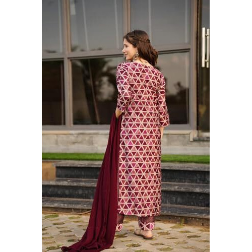 ANNI DESIGNER Women's Rayon Blend Straight Printed Kurta with Pant & Dupatta (Chikroom Maroon_S_Maroon_Small)