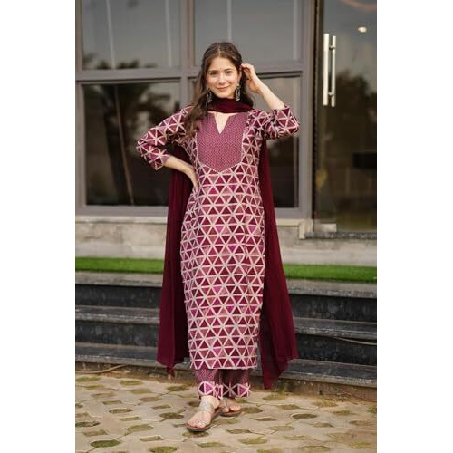 ANNI DESIGNER Women's Rayon Blend Straight Printed Kurta with Pant & Dupatta (Chikroom Maroon_S_Maroon_Small)