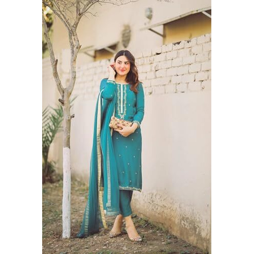 ANNI DESIGNER Cotton Blend Women's Calf Length Embroidered Straight Kurta with Pant & Dupatta (Aaniyat Green-NVW Small)