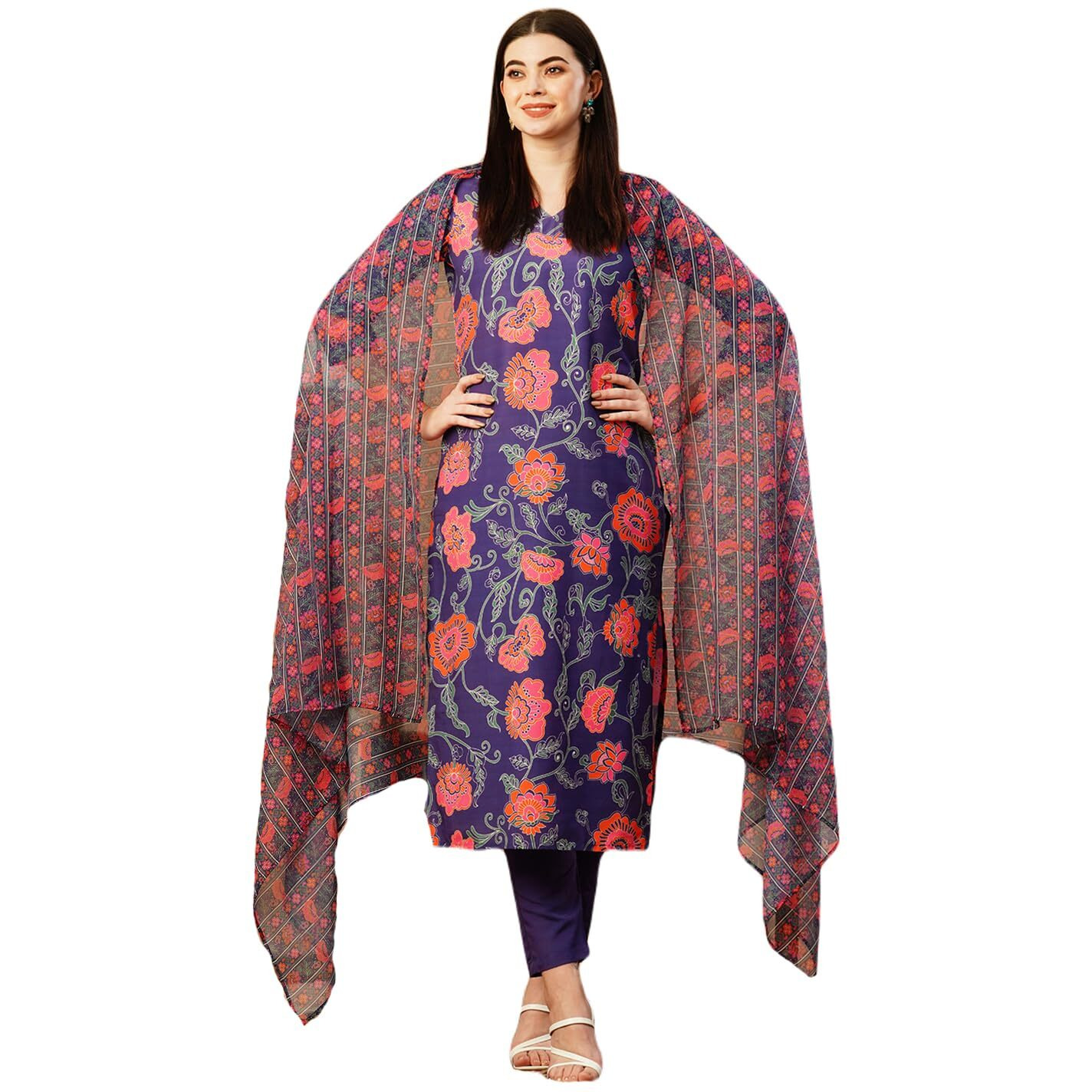 ANNI DESIGNER Women's Cotton Blend Straight Printed Kurta with Pant & Dupatta (Fataki Begani-NW_L_Violet_Large)