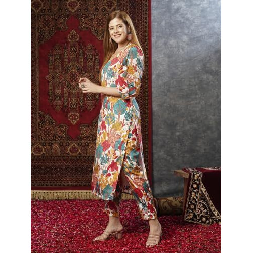 ANNI DESIGNER Women's Rayon Blend Straight Printed Kurta with Pant (Samlok White-JL_XL_White_X-Large)