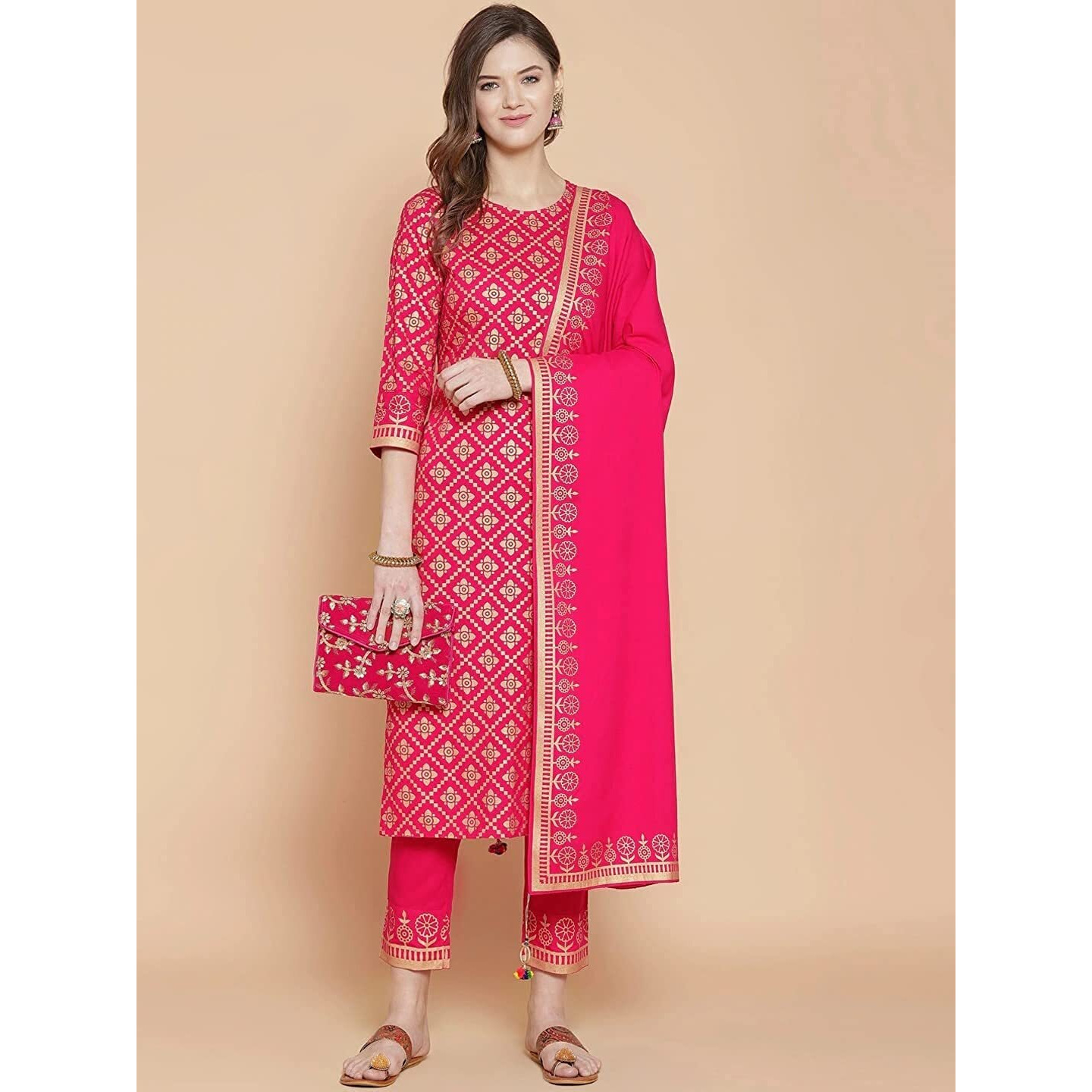 ANNI DESIGNER Women's Cotton Kurta with Palazzo & Dupatta (NAVLIK-PINK-001_Brown_Small)