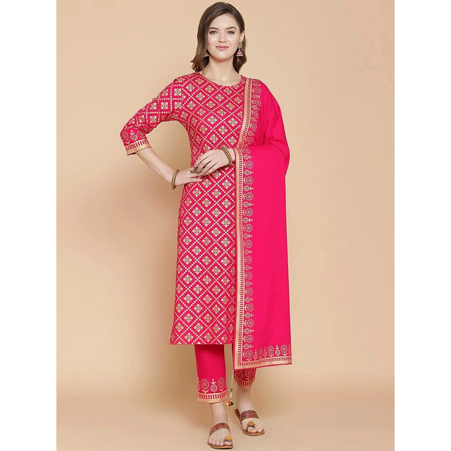 ANNI DESIGNER Women's Cotton Kurta with Palazzo & Dupatta (NAVLIK-PINK-001_Brown_Small)