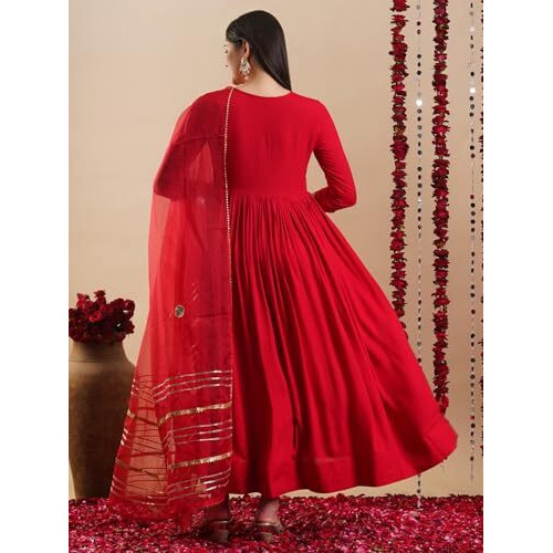 ANNI DESIGNER Women's Rayon Blend Anarkali Solid Kurta with Pant & Dupatta (JAYNTI RED-VKS01_3XL_Red_XXX-Large)