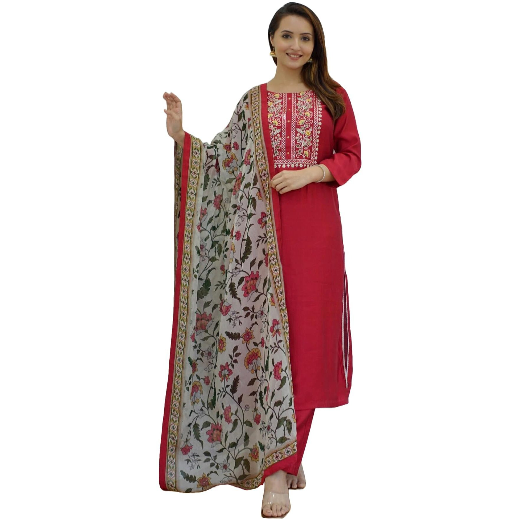 ANNI DESIGNER Women's Cotton Blend Straight Embroidered Kurta with Pant & Dupatta (Sanju Red_S_Red_Small)