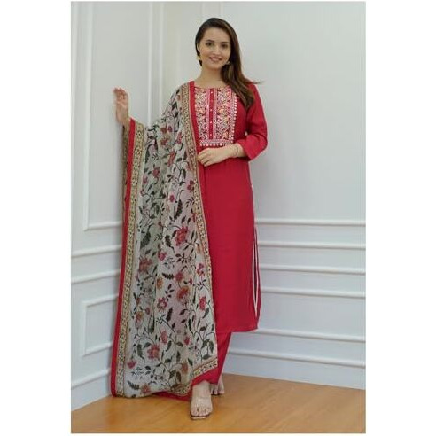 ANNI DESIGNER Women's Cotton Blend Straight Embroidered Kurta with Pant & Dupatta (Sanju Red_S_Red_Small)