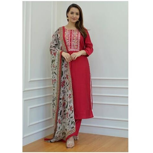 ANNI DESIGNER Women's Cotton Blend Straight Embroidered Kurta with Pant & Dupatta (Sanju Red_S_Red_Small)
