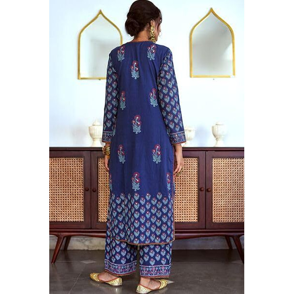 ANNI DESIGNER Women's Rayon Blend Straight Printed Kurta with Pant & Dupatta (MASUMI Blue_XXL_Blue_XX-Large)