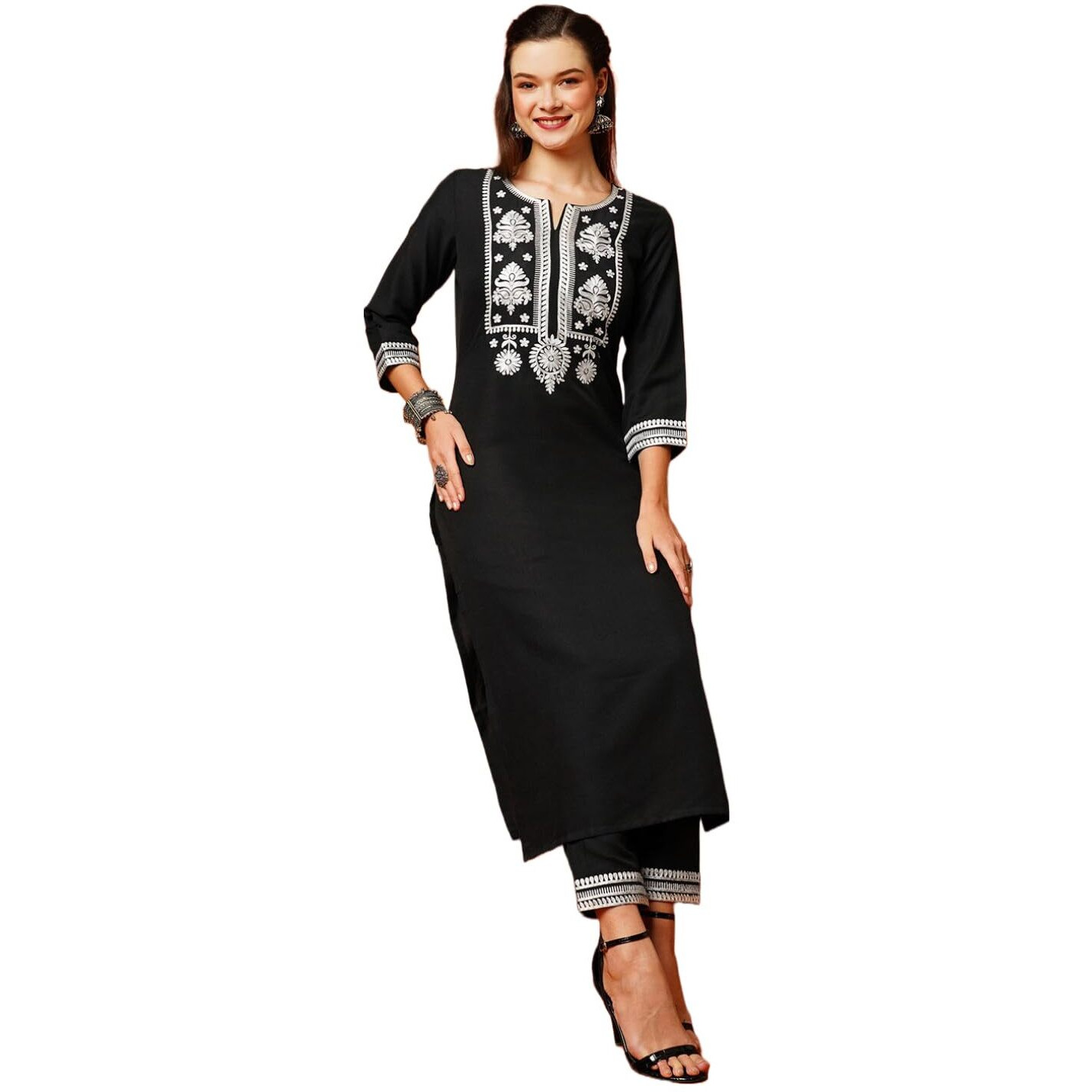 ANNI DESIGNER Women's Cotton Blend Straight Embroidered Kurta with Pant (DOTD-Black-NK_XXL_Black_XX-Large)