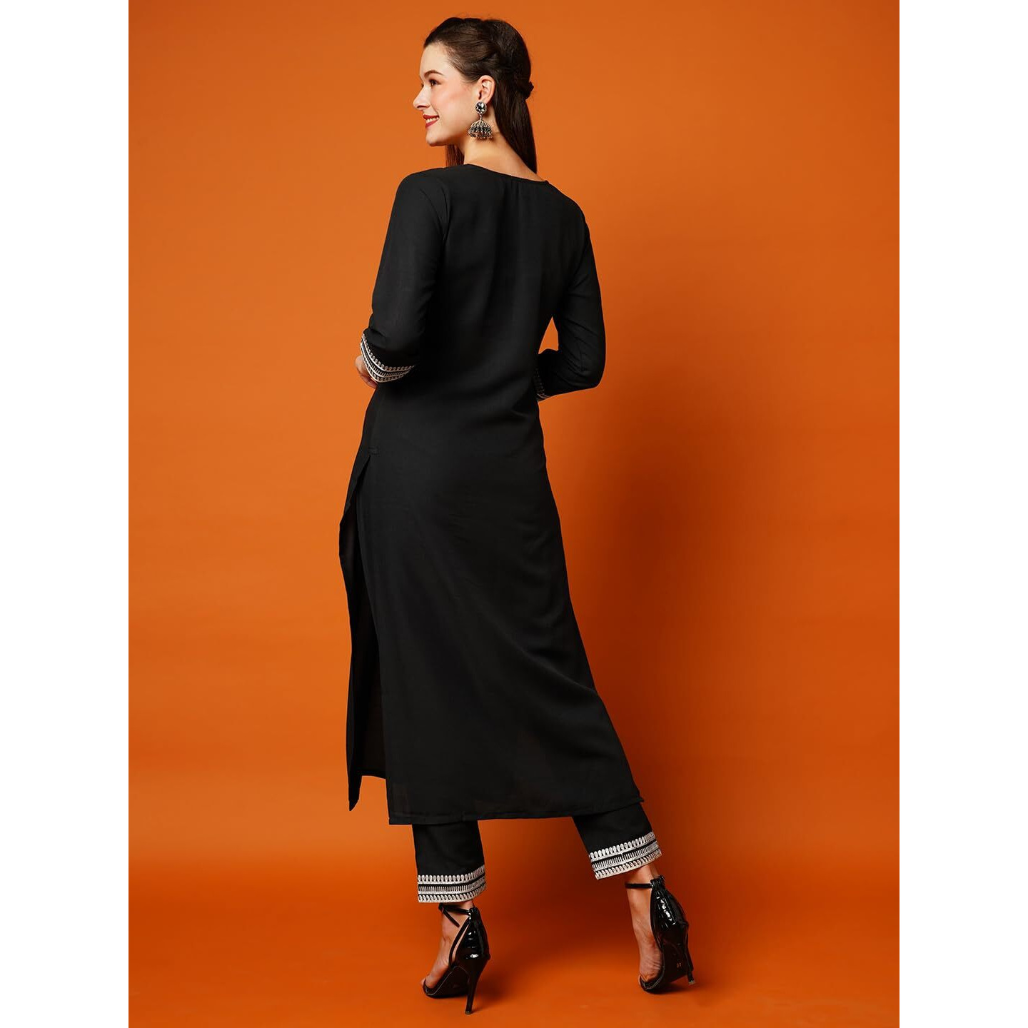 ANNI DESIGNER Women's Cotton Blend Straight Embroidered Kurta with Pant (DOTD-Black-NK_XXL_Black_XX-Large)
