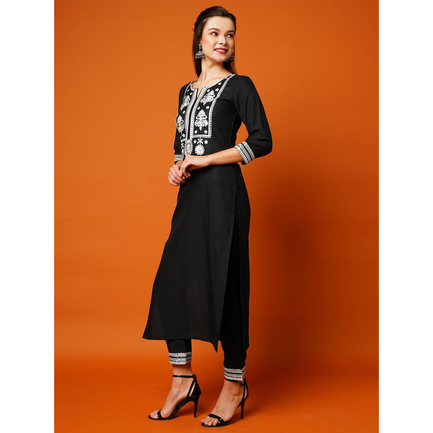 ANNI DESIGNER Women's Cotton Blend Straight Embroidered Kurta with Pant (DOTD-Black-NK_XXL_Black_XX-Large)