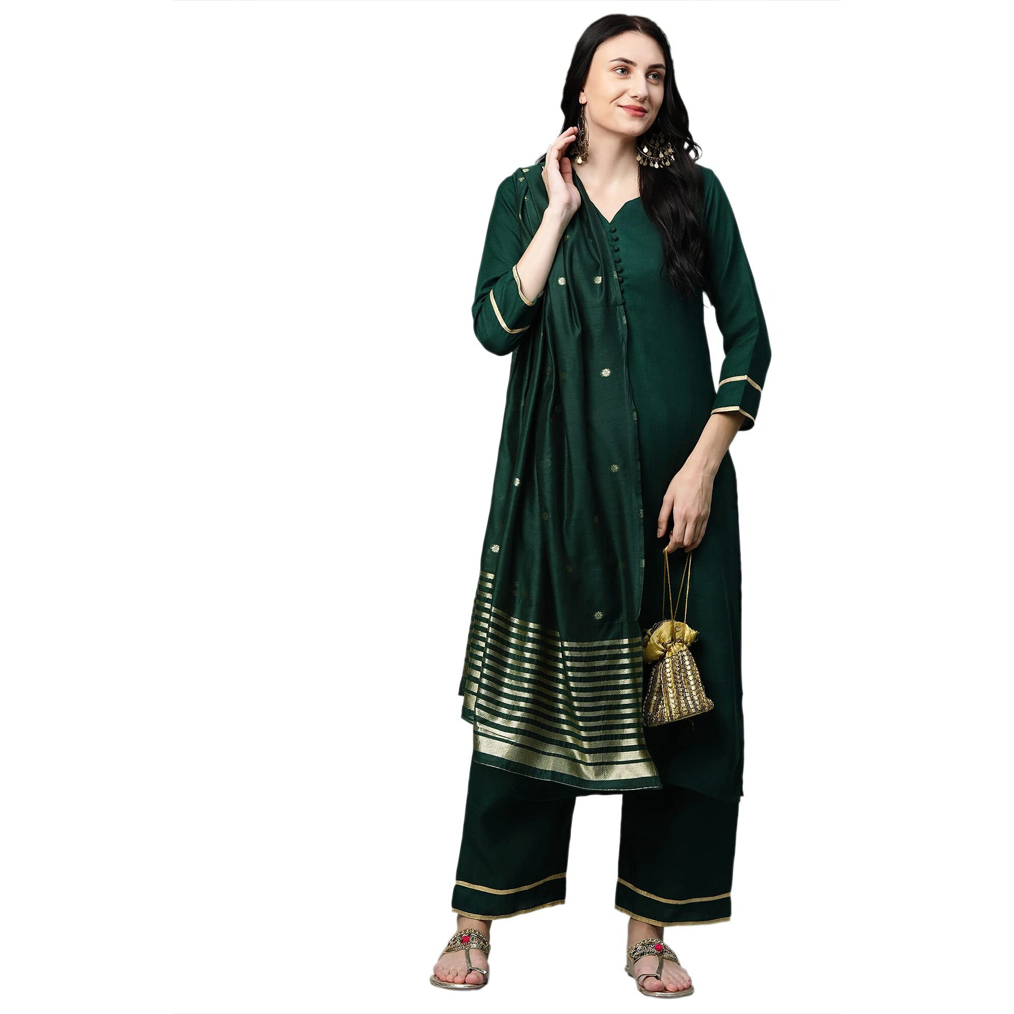 ANNI DESIGNER Women's Ruby Cotton Straight Kurta with Palazzo & Dupatta (Game New Green_S_Green_Small)