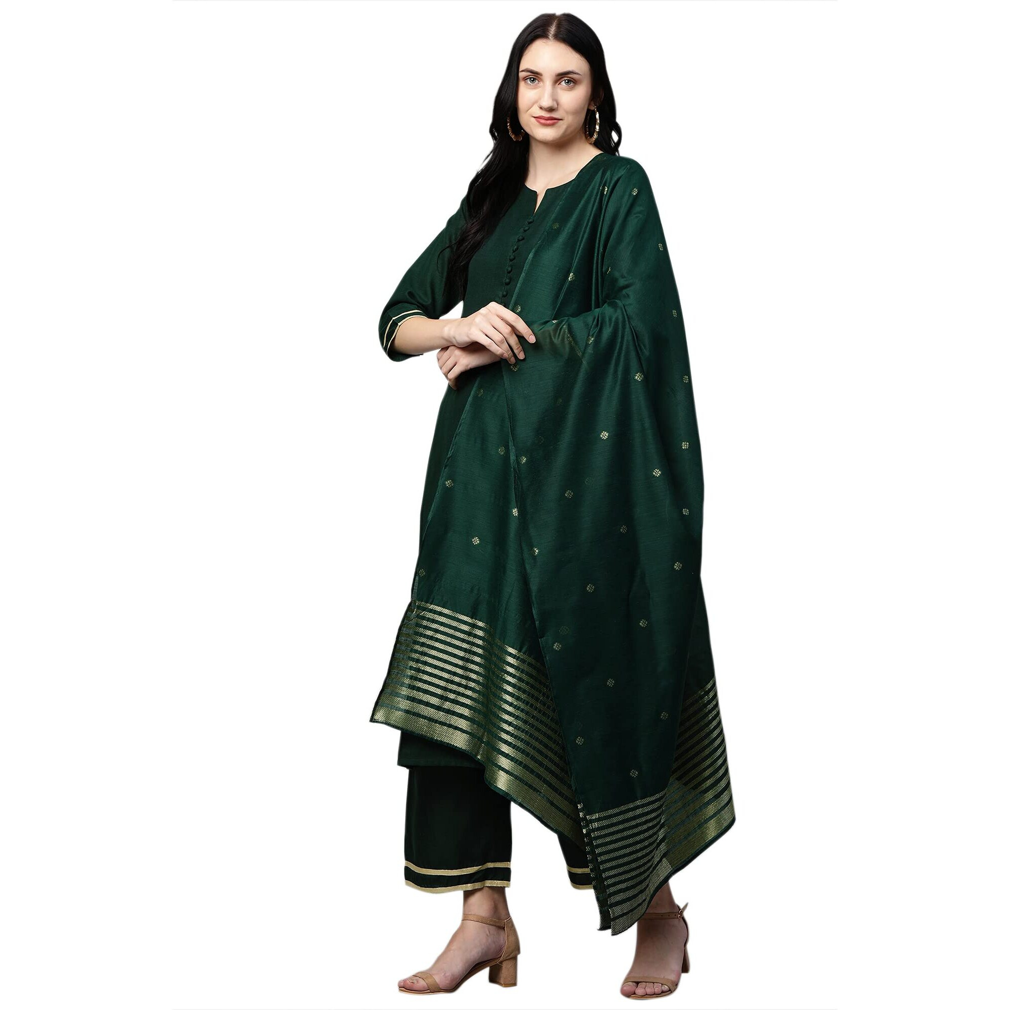 ANNI DESIGNER Women's Ruby Cotton Straight Kurta with Palazzo & Dupatta (Game New Green_S_Green_Small)