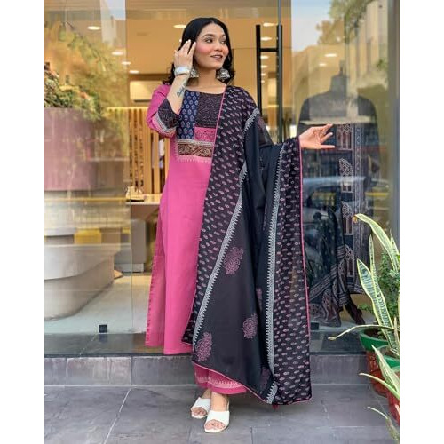 ANNI DESIGNER Women's Cotton Blend Straight Printed Kurta with Pant & Dupatta (Radhani Pink_XL_Pink_X-Large)