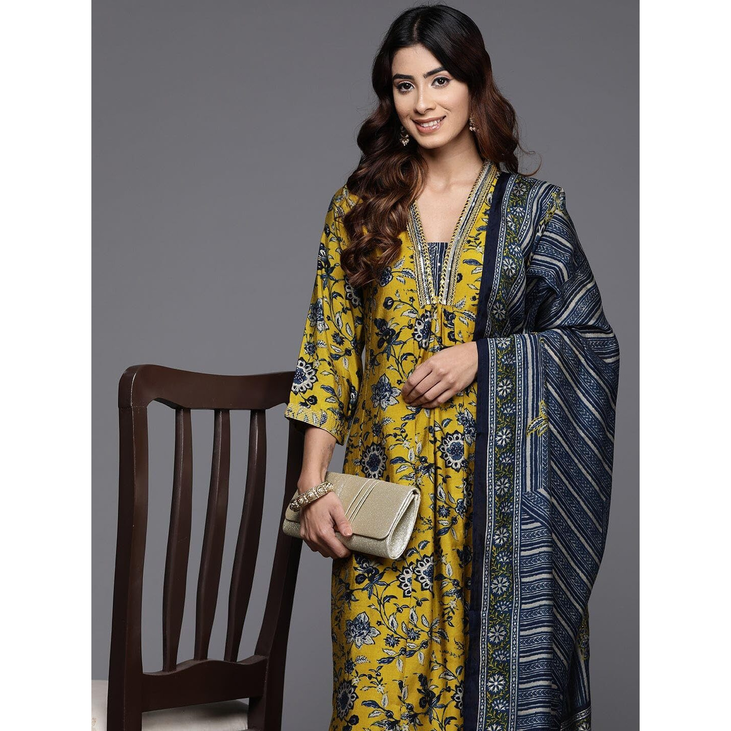 KLOSIA Women Cotton Blend Embroidery Kurta And Pant Set With Dupatta | Kurta Set For Women | Kurta Sets | Ethnic Sets | Wedding Suit | (Small) Mustard, Green