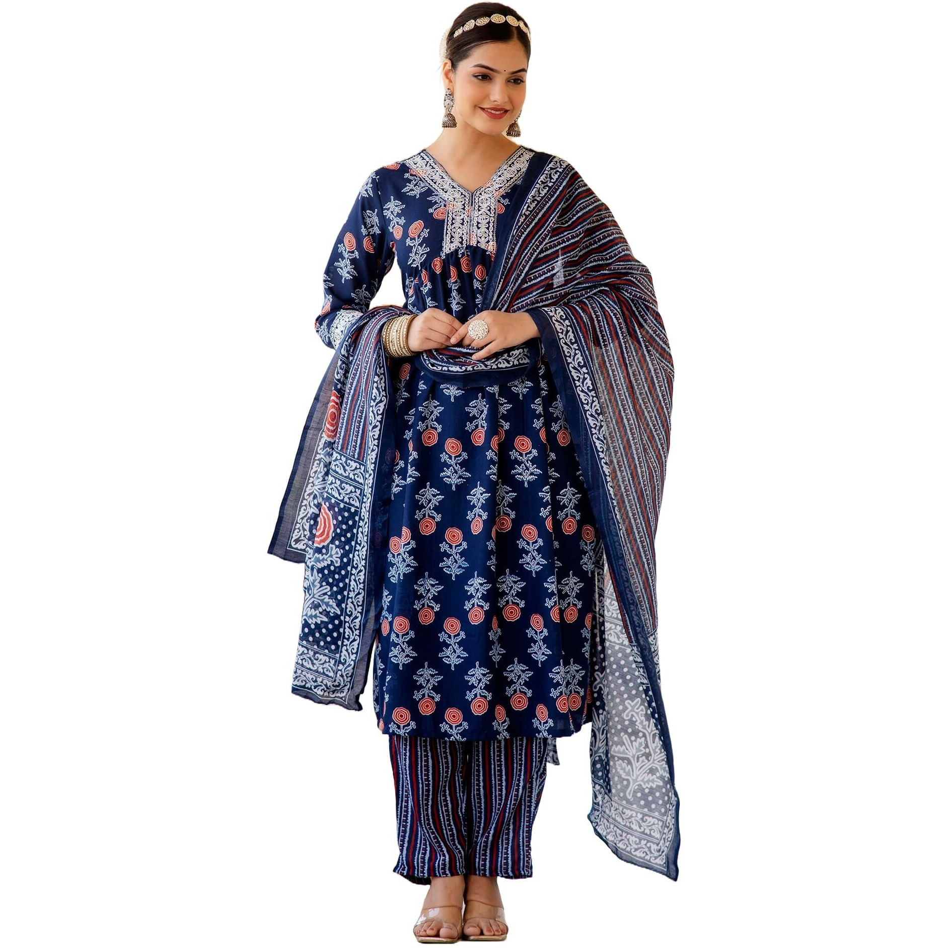 KLOSIA Women Printed Nayra Cut Kurta and Pant Set with Dupatta (Medium) Blue