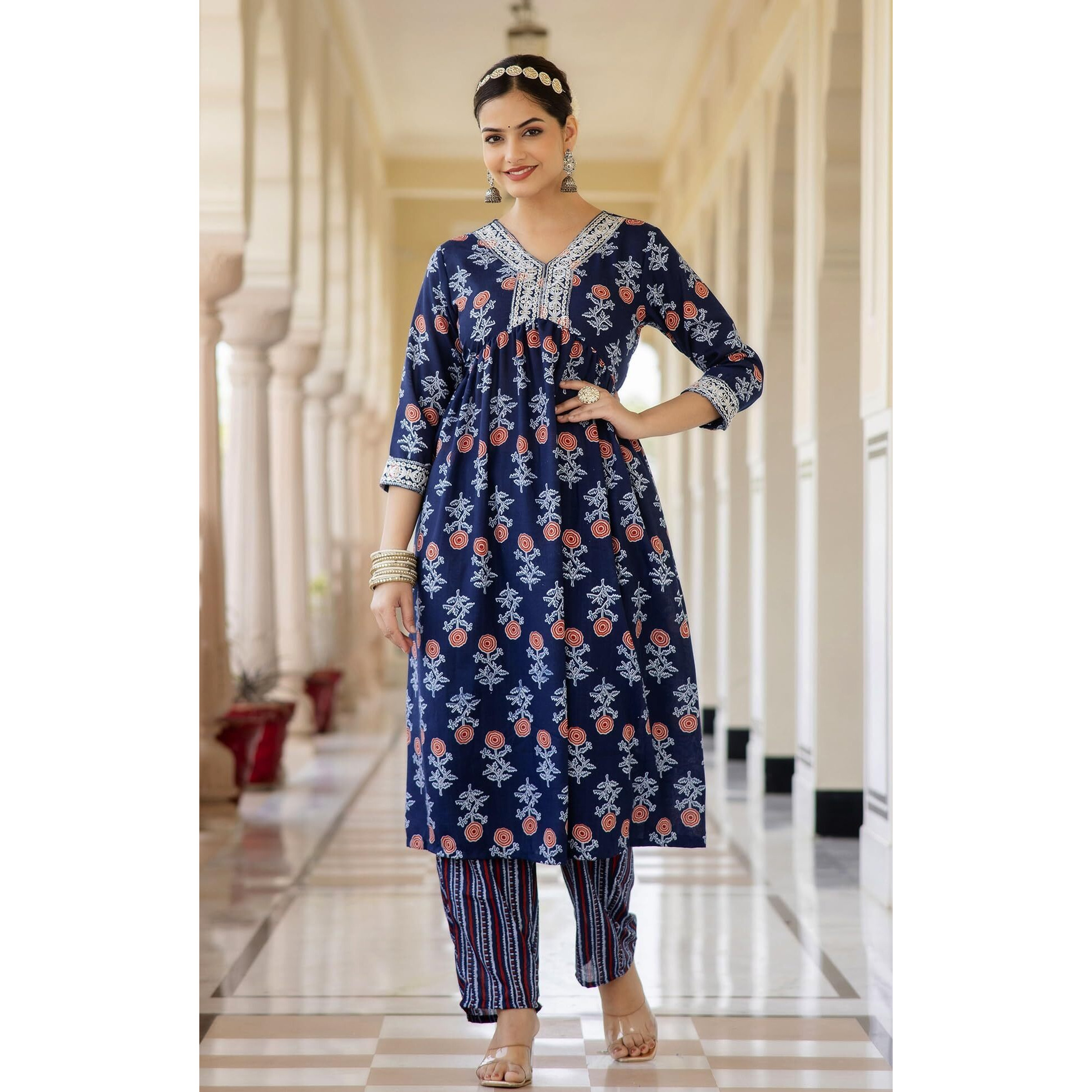KLOSIA Women Printed Nayra Cut Kurta and Pant Set with Dupatta (Medium) Blue
