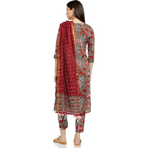 KLOSIA Women Straight Printed Kurta and Pant Set with Dupatta (X-Large) Grey