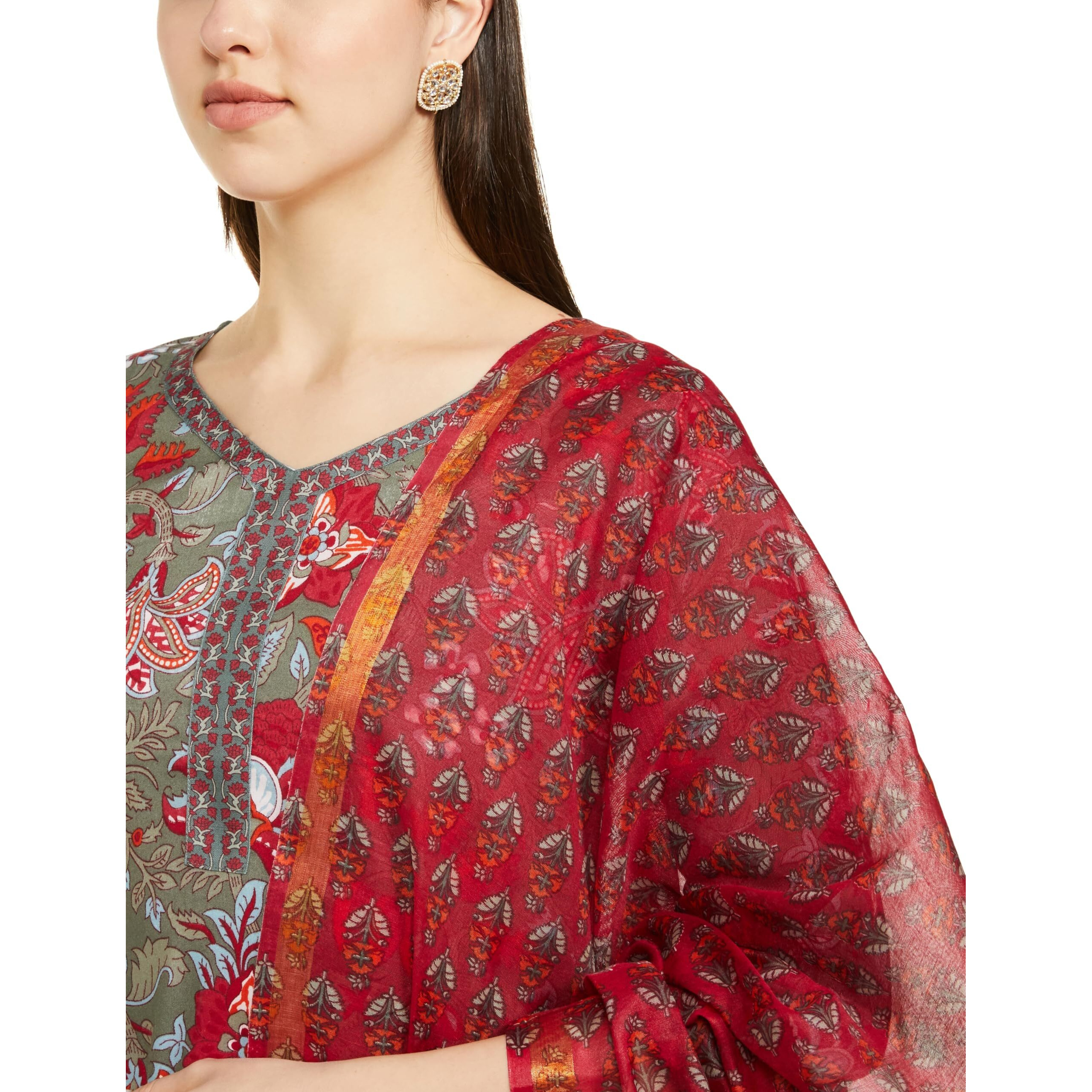 KLOSIA Women Straight Printed Kurta and Pant Set with Dupatta (X-Large) Grey