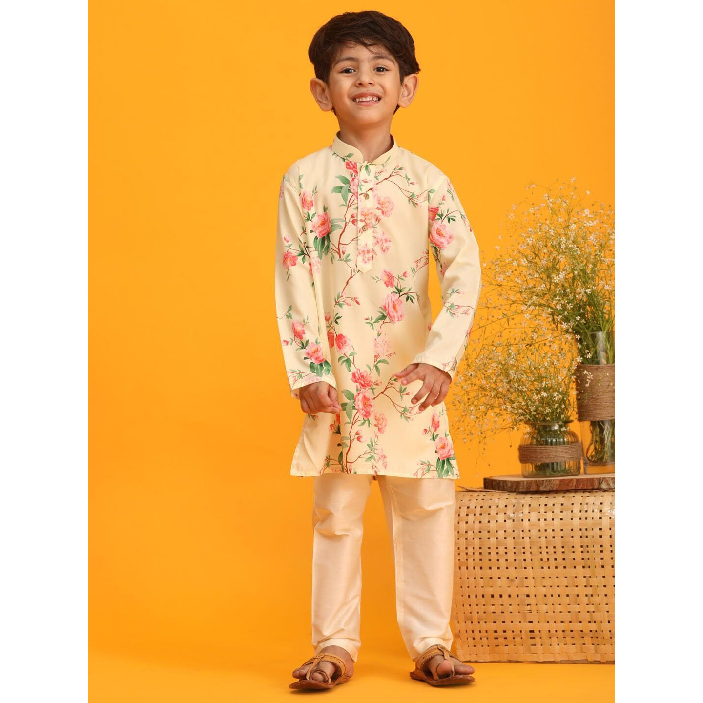 VASTRAMAY Boy's Multicolor Base Yellow Kurta Pyjama Set_VASBK182YWnVPCR_36
