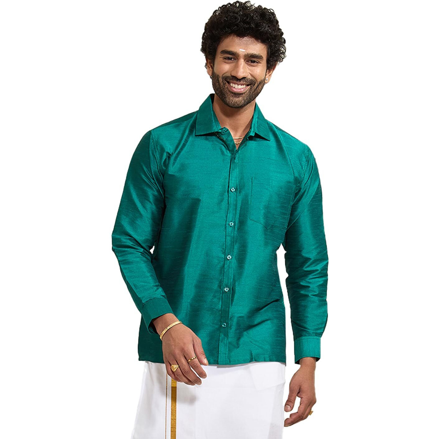 VASTRAMAY Men's Green Silk Blend Ethnic Shirt | Full Sleeves South Indian Traditional Shirt | Festive, Wedding, Casual Wear