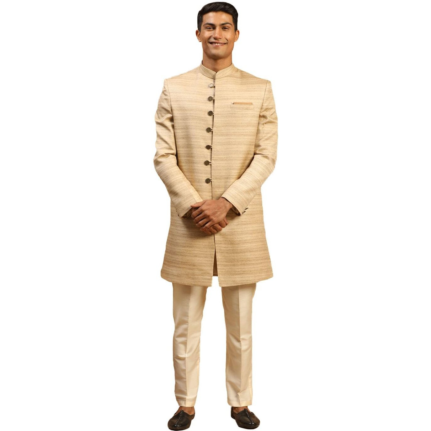 VASTRAMAY Men's Beige Silk Blend Sherwani Set_VASMIW032BGnPANT002CR_38