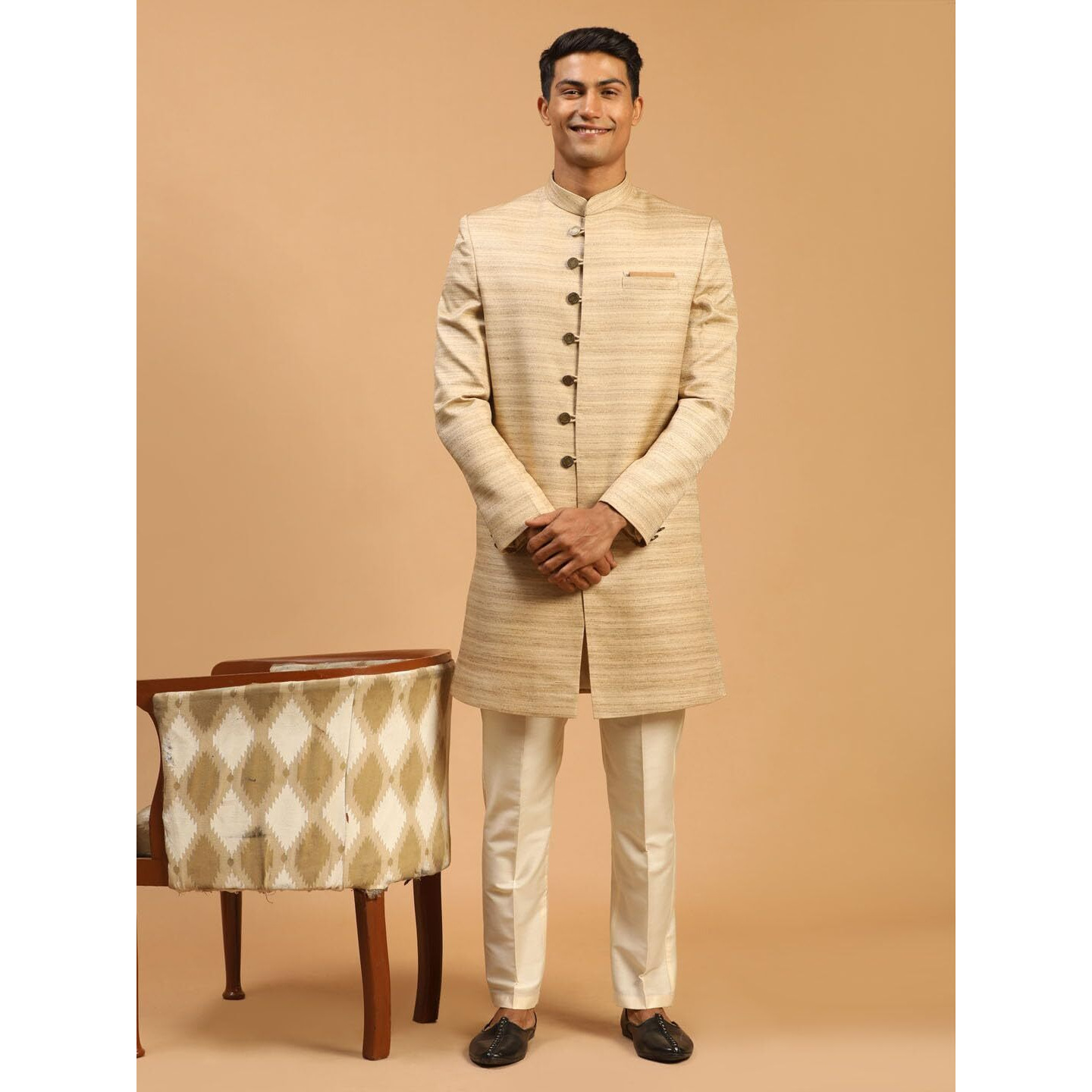 VASTRAMAY Men's Beige Silk Blend Sherwani Set_VASMIW032BGnPANT002CR_38