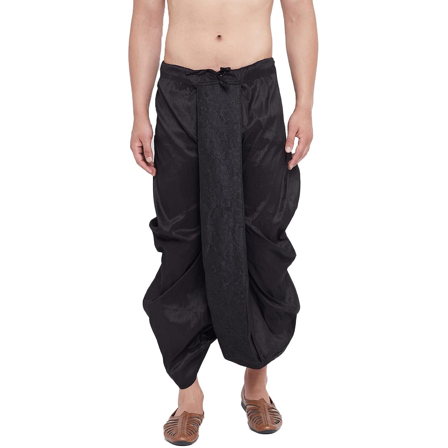 VASTRAMAY Men's Black Silk Blend Embroidered Ethnic Dhoti(Gold_Free Size_VASMDT008BL)