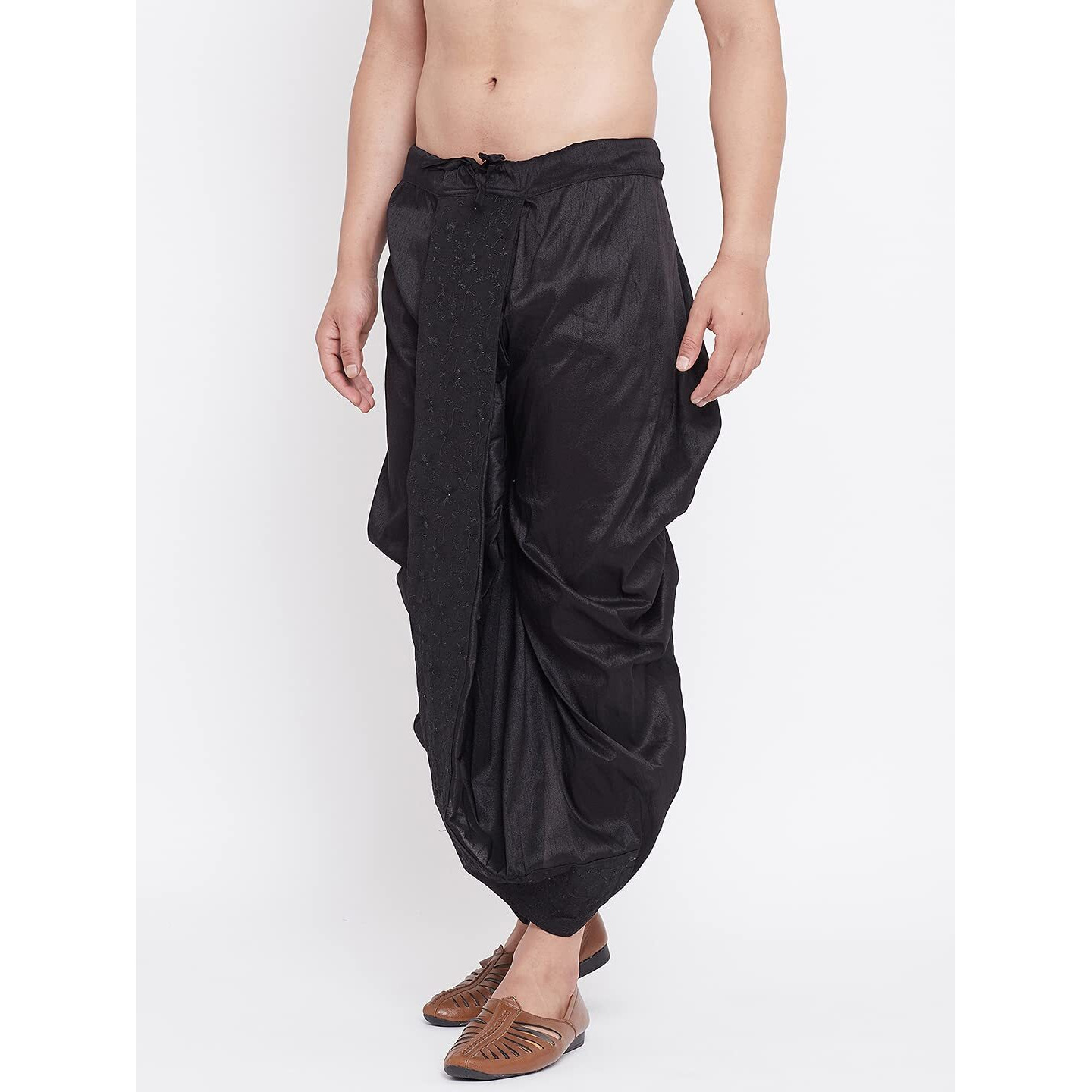 VASTRAMAY Men's Black Silk Blend Embroidered Ethnic Dhoti(Gold_Free Size_VASMDT008BL)