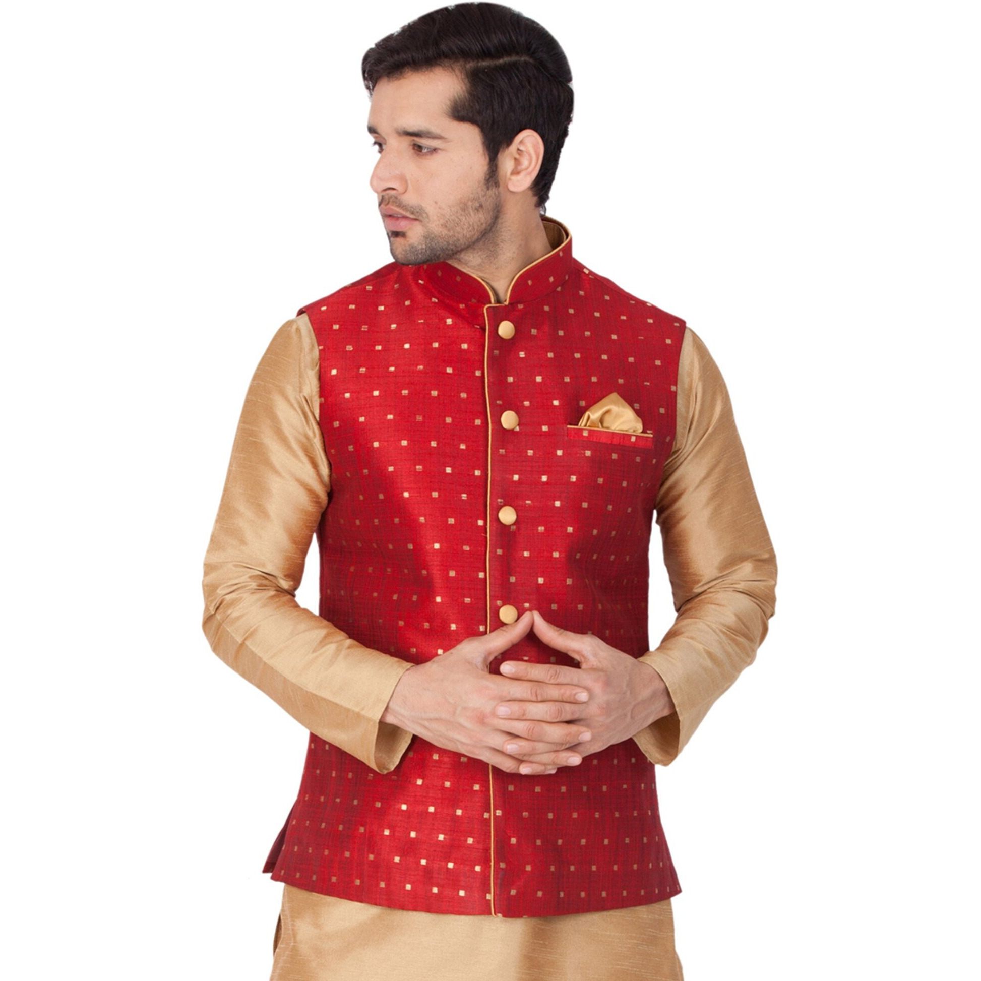 VASTRAMAY VM Mens Silk Blend Maroon Nehru Jacket - Timeless Style & Versatility | Jacquard Woven checkered Zari threads Ethnic Sleeveless Coat for Formal & Casual Wear_VASMJ009MA_40