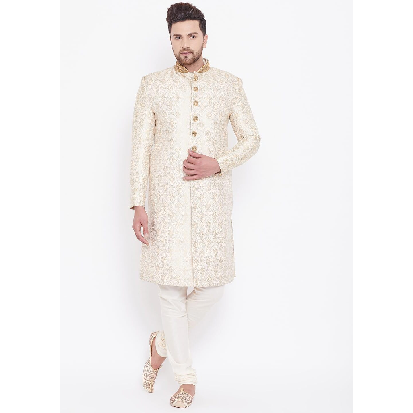 VASTRAMAY Men's Beige And Gold Silk Blend Sherwani Set_VASMSW127BGnMVPGO_42