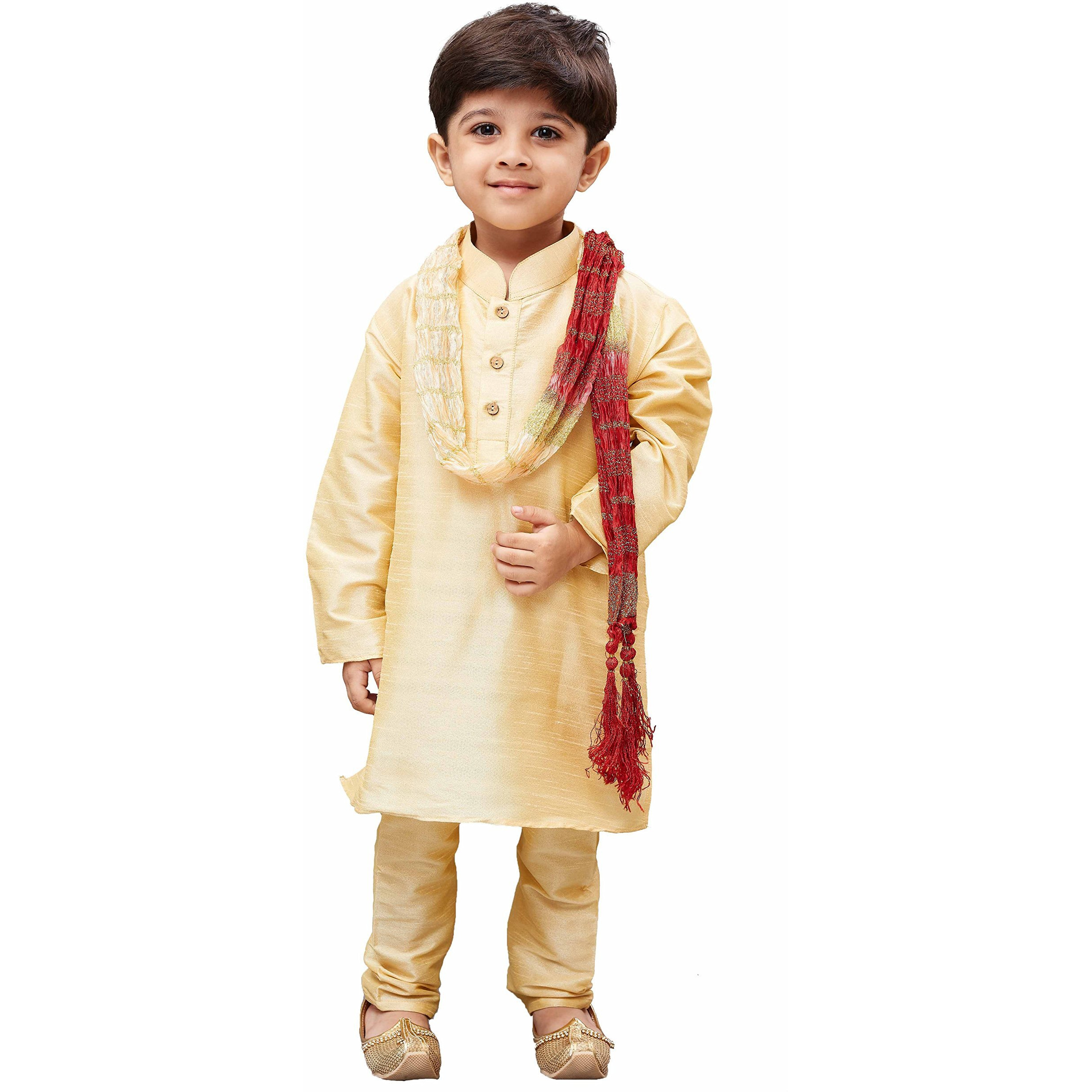 VASTRAMAY Mustard Cotton Silk Boys Kurta Pyjama Set Dress(2-3 Years)
