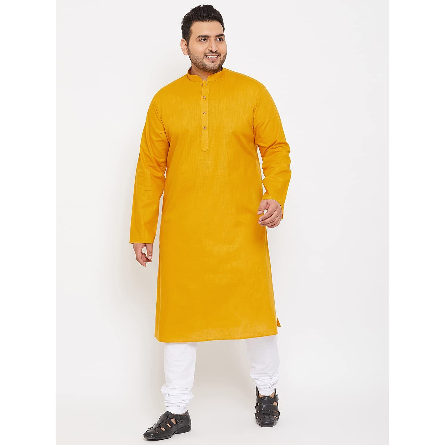 VASTRAMAY Plus Mens Cotton Blend Mustard And White Kurta Pyjama Set - Classic Ethnic Attire for Timeless Style | Soft Comfortable Plain Solid Kurta and Churidar Pyjama Set_VPLUSMK007MDnPCWH_52