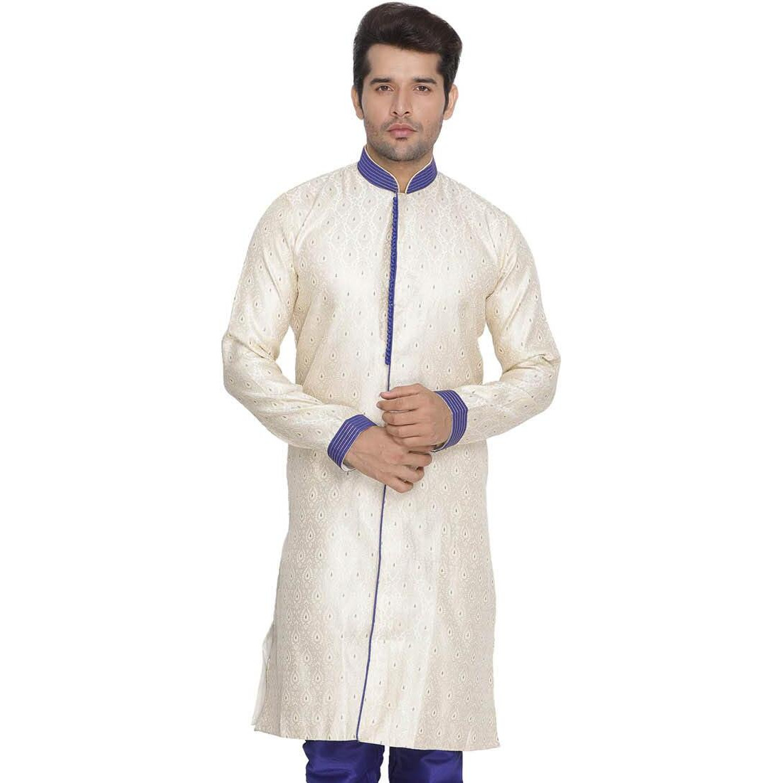 VASTRAMAY Men's Beige n Blue Cotton Silk Blend Sherwani Only Top_VASMSW003_40