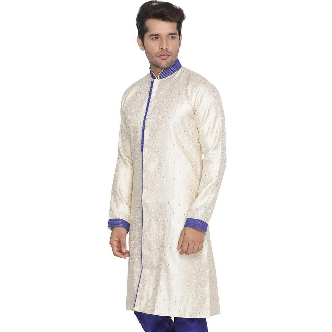 VASTRAMAY Men's Beige n Blue Cotton Silk Blend Sherwani Only Top_VASMSW003_40