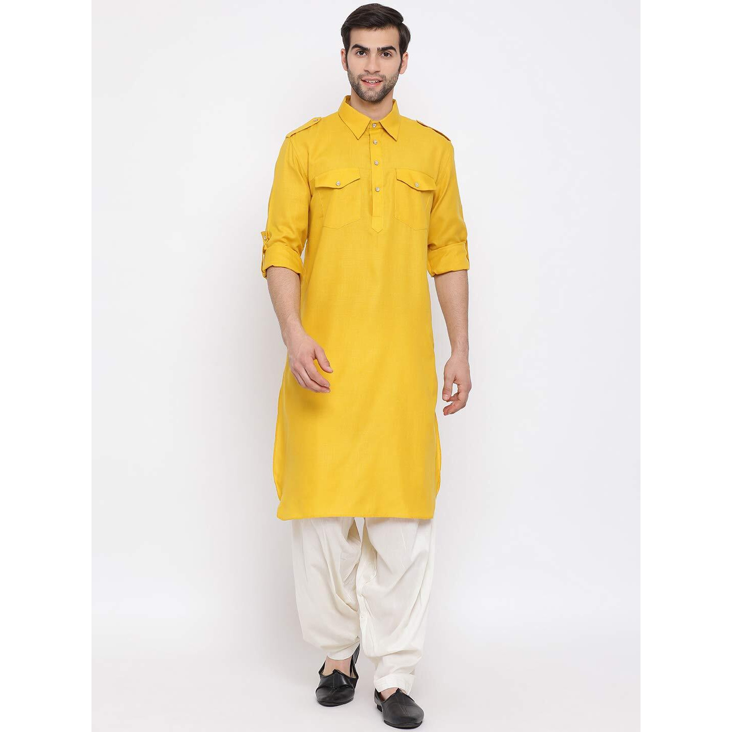 VASTRAMAY Men's Mustard Cotton Blend Pathani Kurta & Patiala Set_VASMPT003MDnPTYCR_36