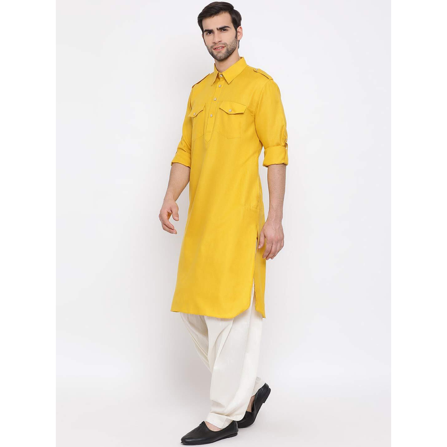 VASTRAMAY Men's Mustard Cotton Blend Pathani Kurta & Patiala Set_VASMPT003MDnPTYCR_36