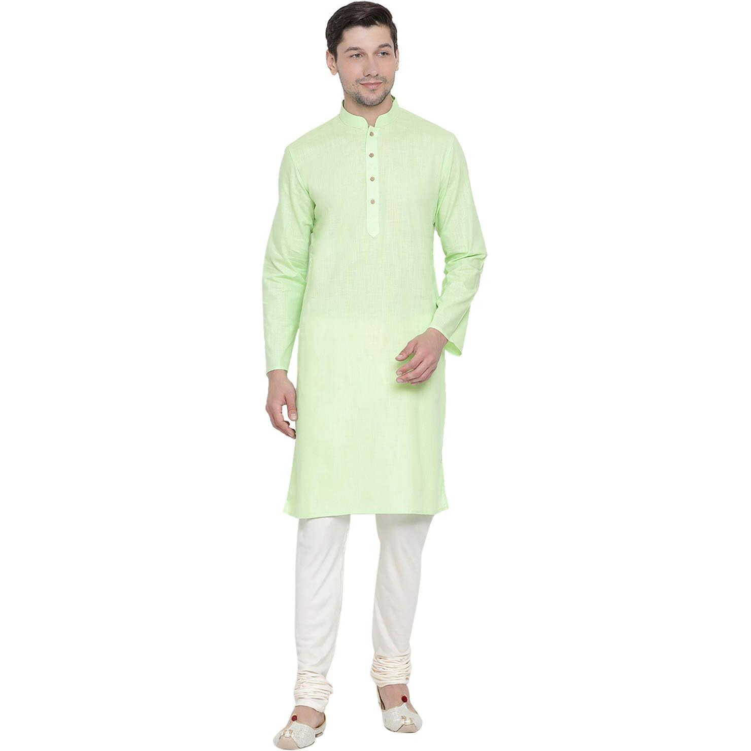 VASTRAMAY Men's Light Green Cotton Linen Blend Kurta Pyjama Set_VASMK007MGnPLBCR_42