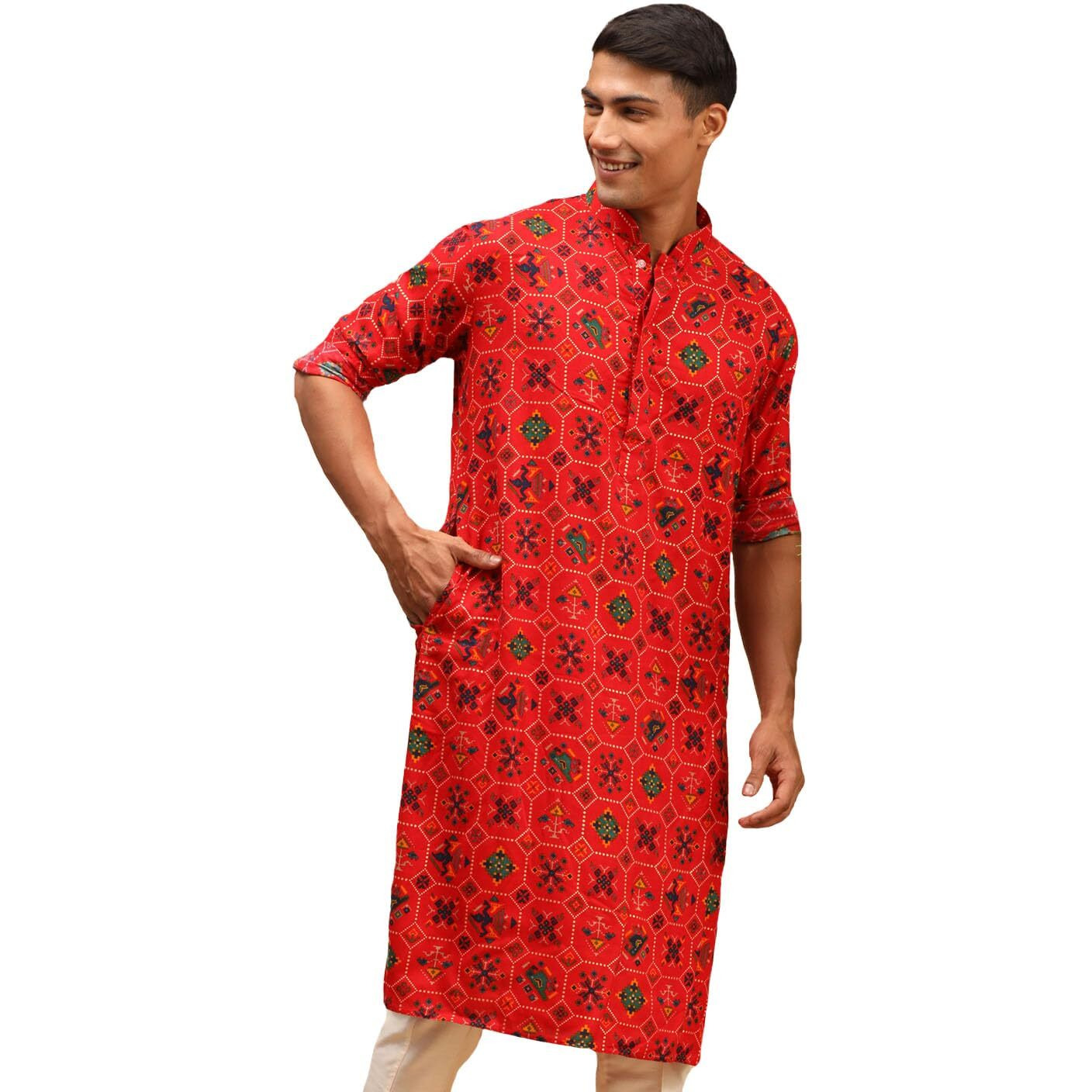 VASTRAMAY Men's Red Cotton Blend Kurta | Longline Pathani Style Rayon Printed | Kurta for Festivals - Stylish, Comfortable - Perfect for Celebrations and Cultural Events, Navratri & Diwali
