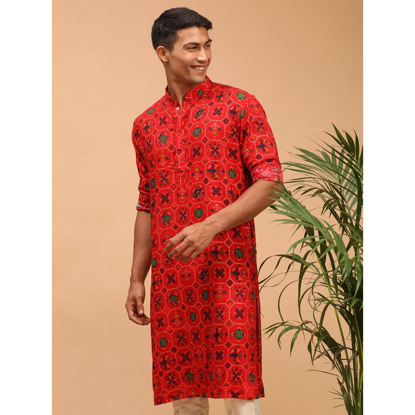 VASTRAMAY Men's Red Cotton Blend Kurta | Longline Pathani Style Rayon Printed | Kurta for Festivals - Stylish, Comfortable - Perfect for Celebrations and Cultural Events, Navratri & Diwali