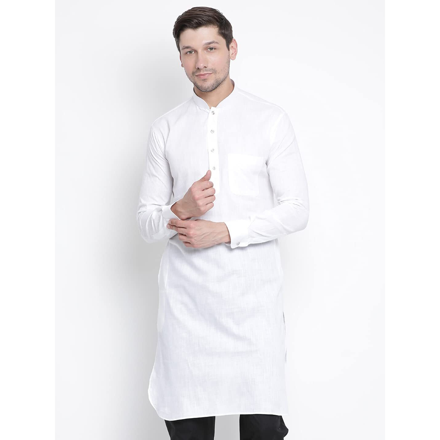 VASTRAMAY Men's White Cotton Linen Blend Kurta Cotton Linen Fabric. It has a Pockets and Cuff Sleeves. || Elegance for Holi & Eid Celebration_VASMPT001WH_36