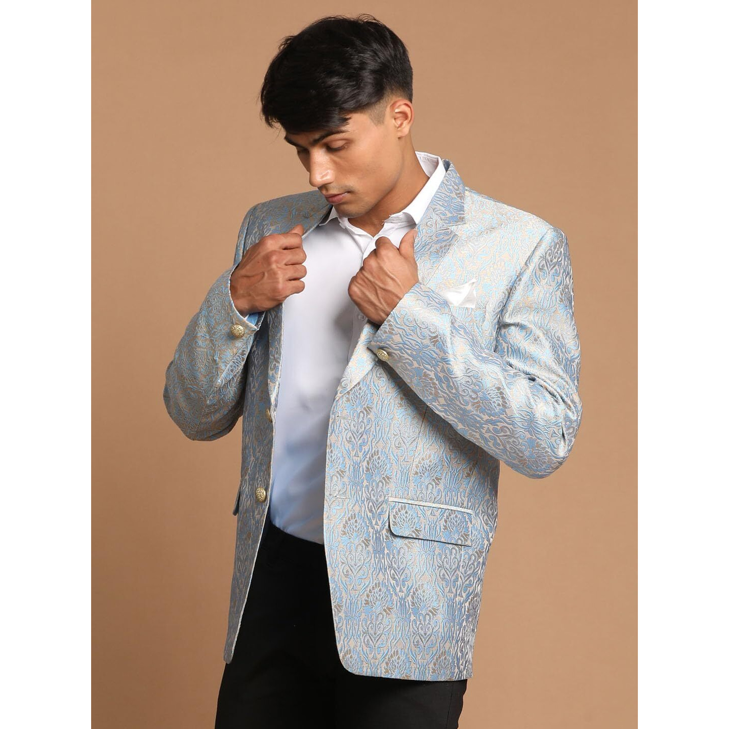 VASTRAMAY Self Woven Brocade Silk Blend Blazer for Men  Versatile Ethnic Wear for Weddings & Special Occasions
